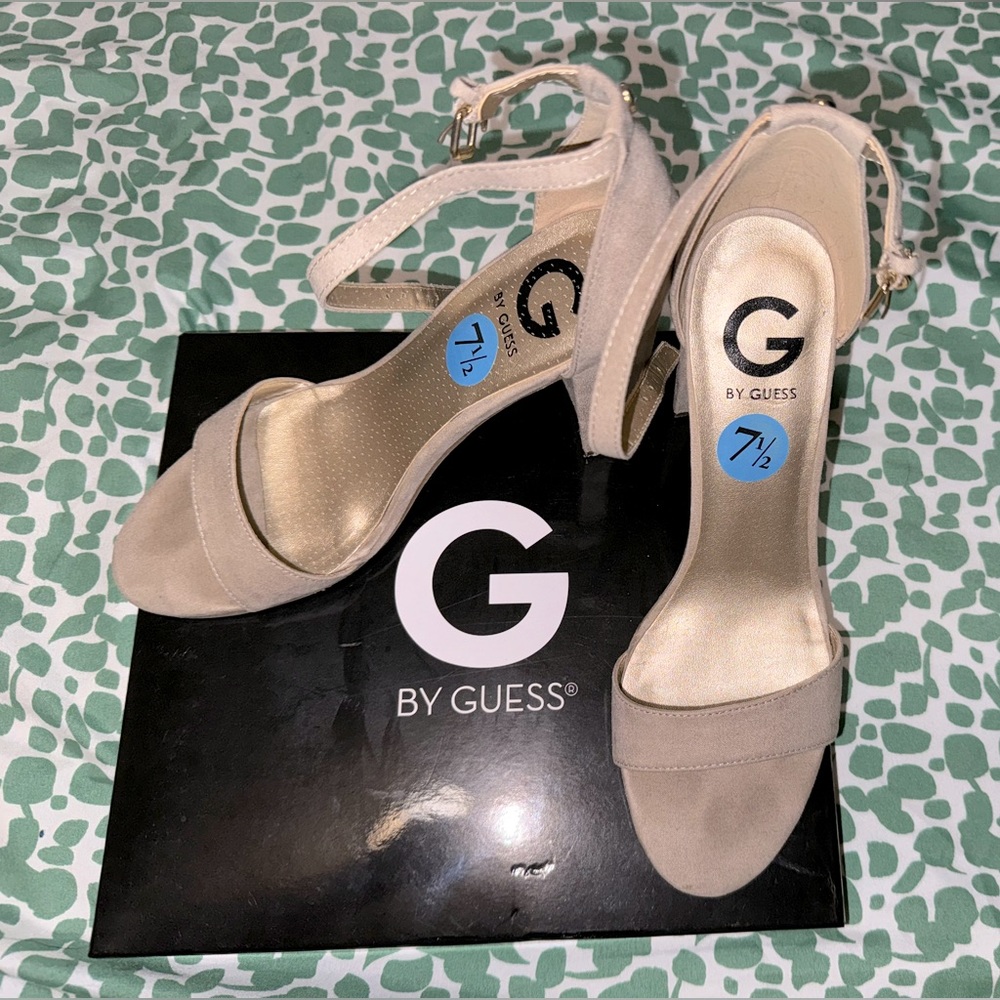 G by Guess taupe strappy block heel
